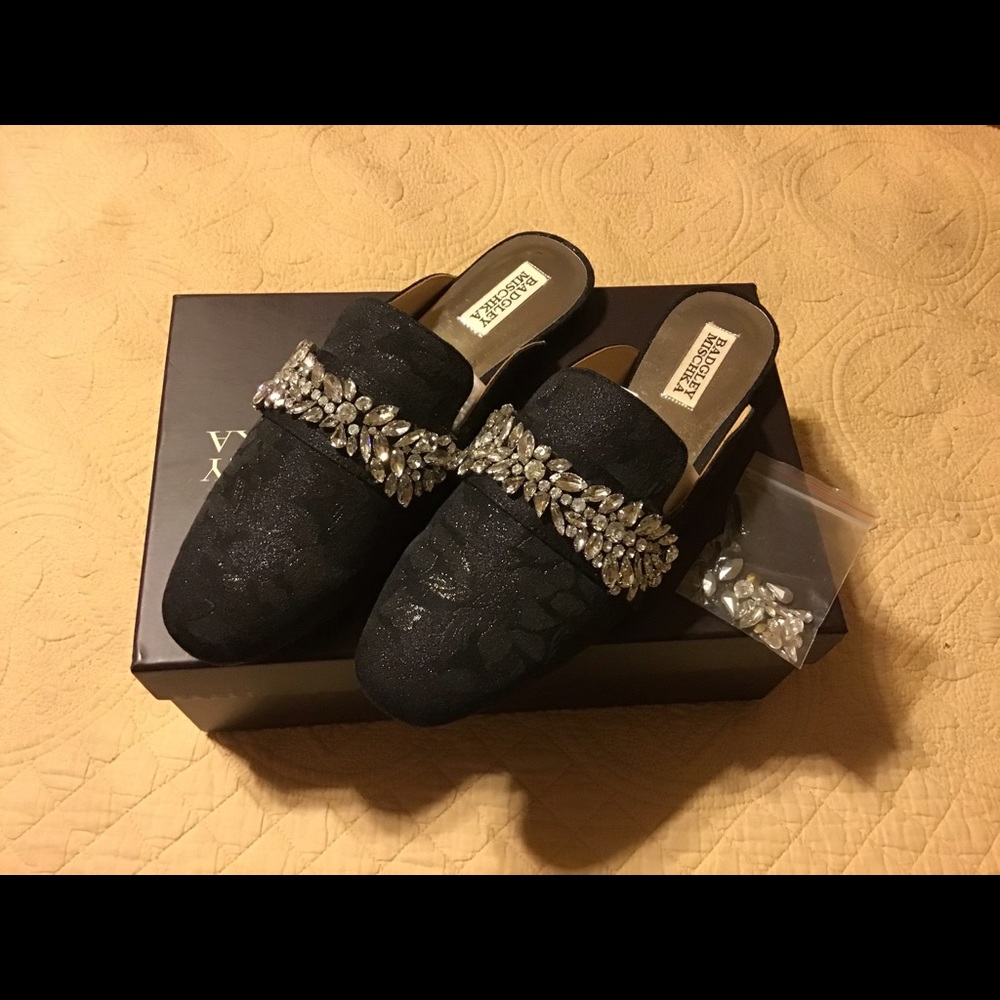 Brand new black brocade rhinestone mules